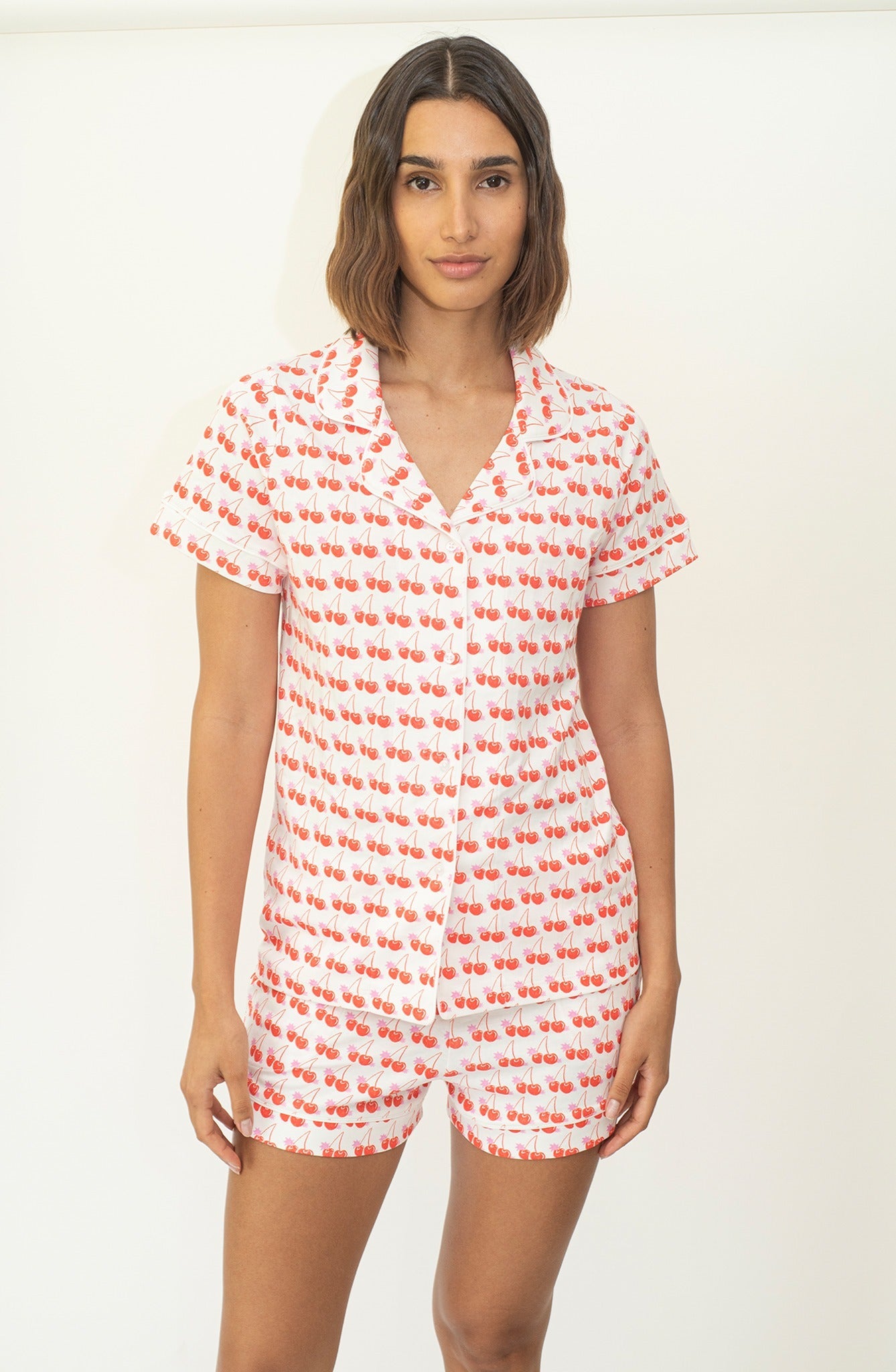 CORA WOMEN'S SHORT PAJAMA SET CHERRIES PINK