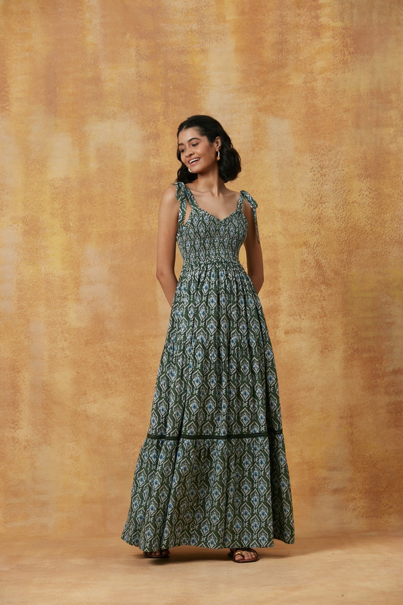 brown and green maxi dress Women's Organic Coastal Double Gauze Beach To Brunch Dress in Khaki Green | Size XL